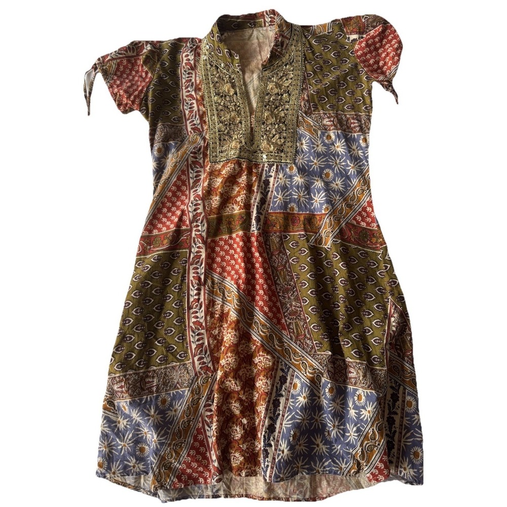 Vintage Hippy-chick Bohemian Hand Made Indian Dress Mixed Patterns Med